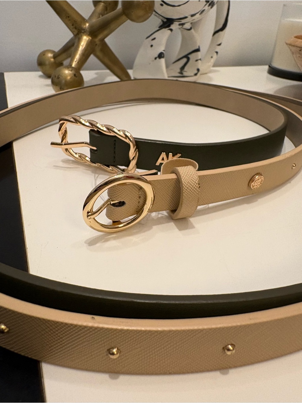 Anne Klein Beige and Olive Two-Belt Set with Gold Buckles